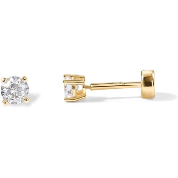 14K Gold Plated Solid 925 Sterling Silver Post Cubic Zirconia Stud Flat Back - Picture 1 of 7